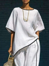 Contrast Trim Round Neck Top and Pants Set - photo produit 2 - VELZAR
