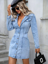 Collared Neck Button Up Denim Dress - photo produit 2 - VELZAR