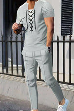 Men's Full Size Lace-Up Front Top and Pants Casual Set Plus Size - photo produit 11 - VELZAR