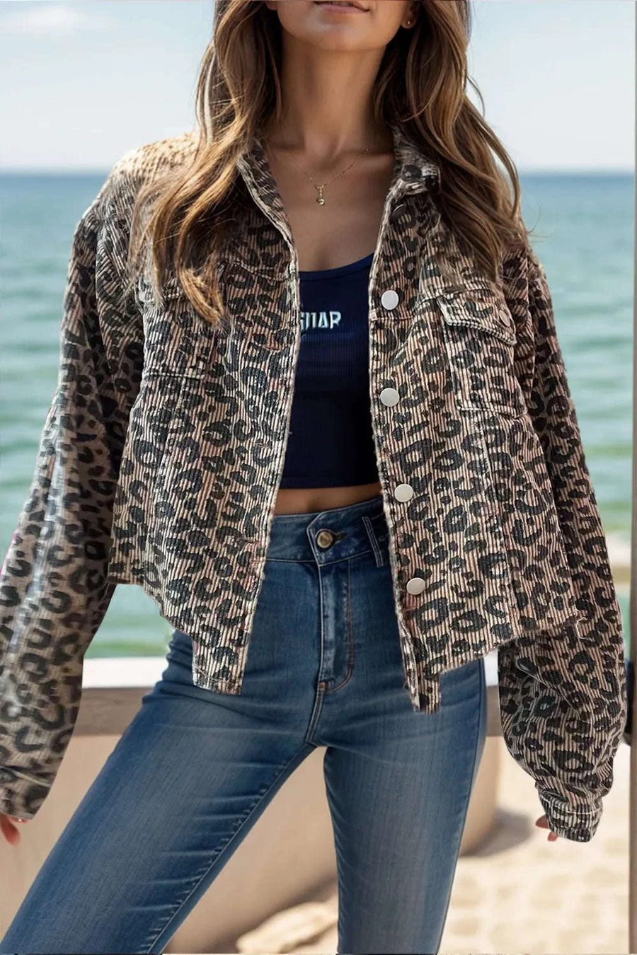 Veste Boutonnée Manches Longues Imprimé Léopard