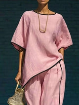 Contrast Trim Round Neck Top and Pants Set - photo produit 5 - VELZAR