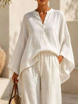 Full Size Notched Long Sleeve Top and Wide-Leg Pants Set Plus Size - photo produit 4 - VELZAR