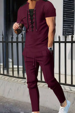 Men's Full Size Lace-Up Front Top and Pants Casual Set Plus Size - photo produit 7 - VELZAR