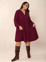 Plus Size Button Front Balloon Sleeve Dress - photo produit 5 - VELZAR