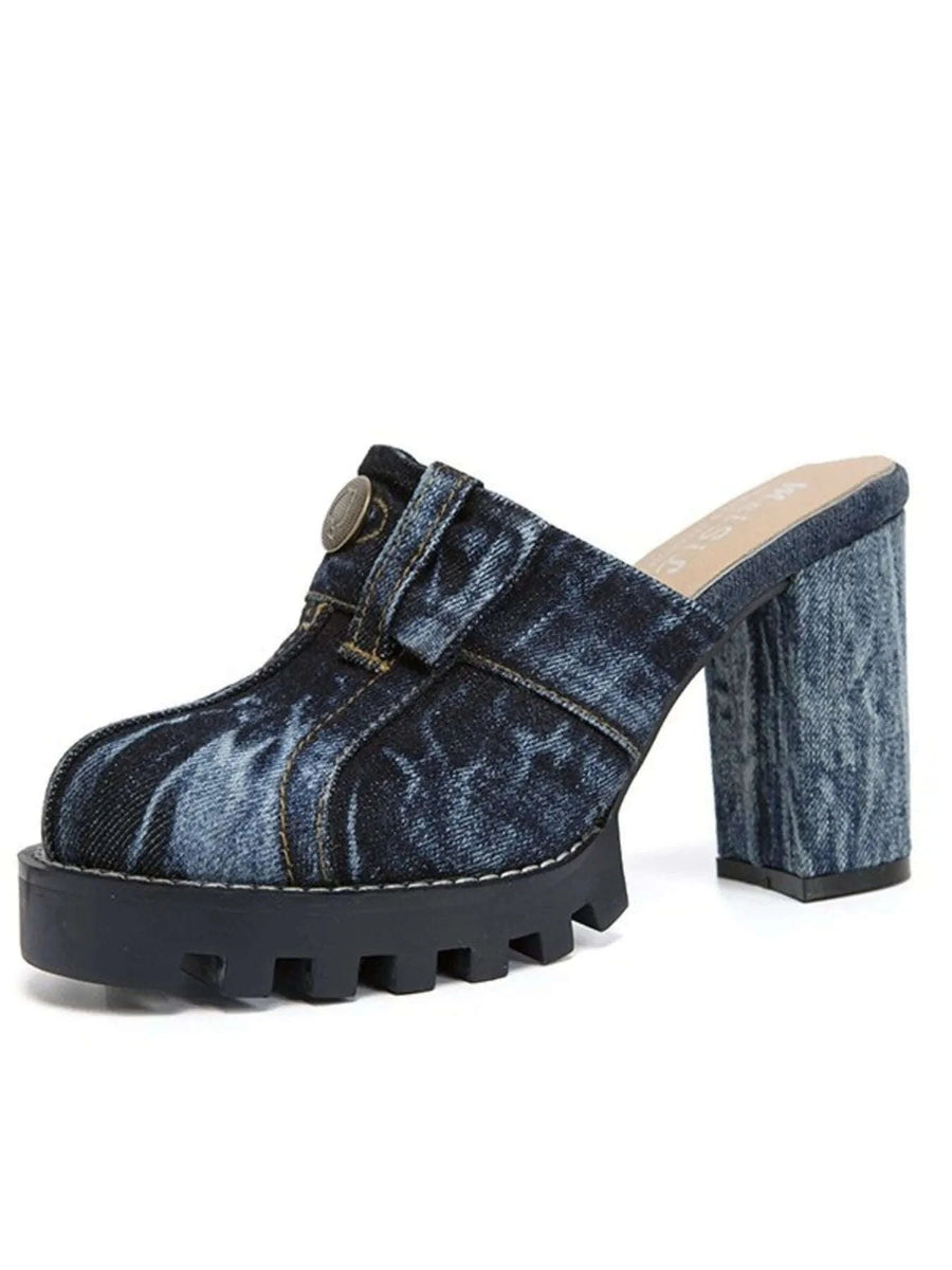 Sandales en Denim Bout Rond Talon Carré