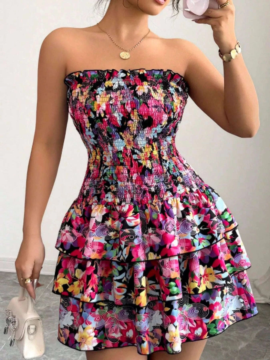 Robe Courte Bustier Smockée Fleurie à Volants