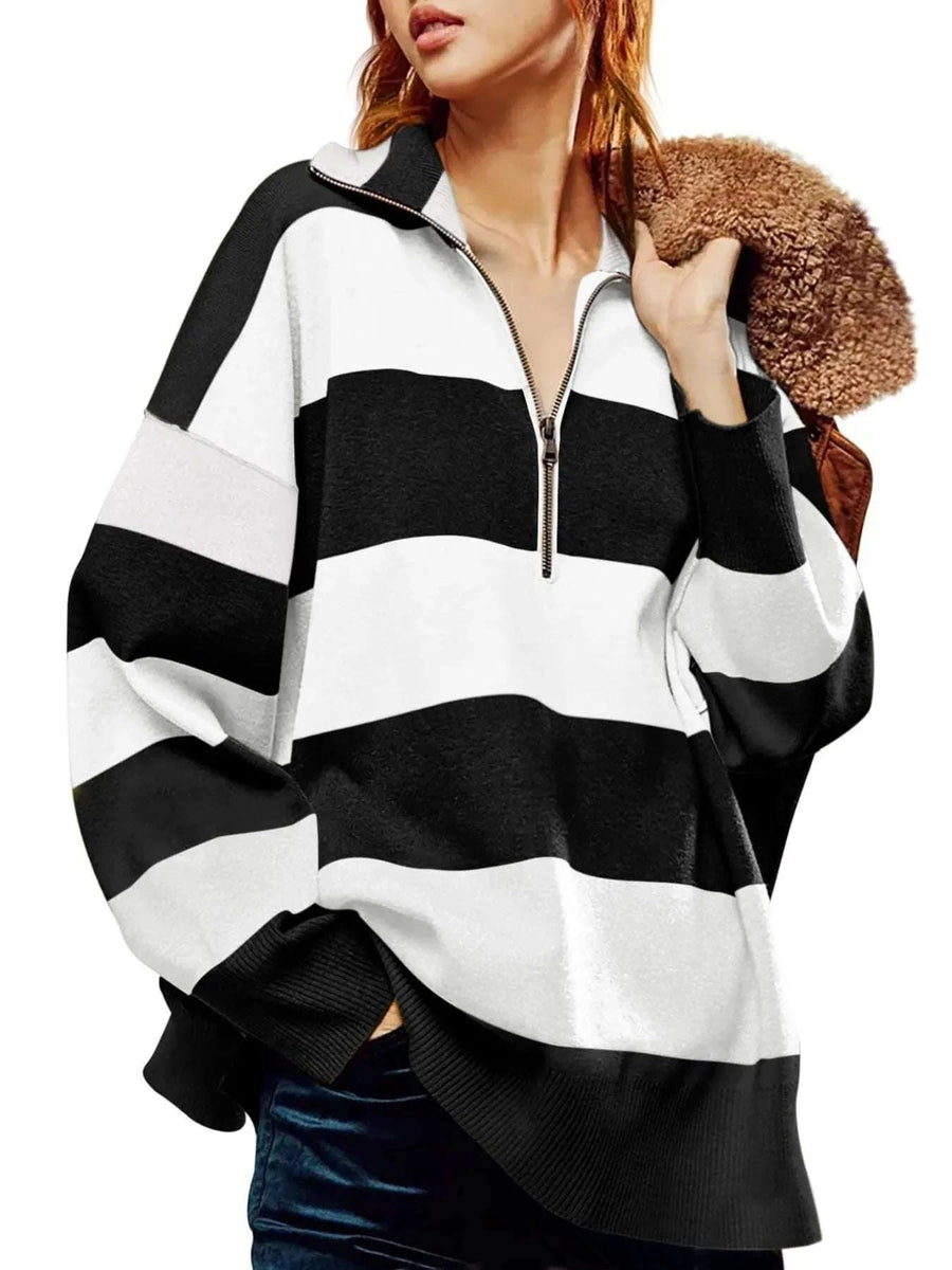Sweat Oversize Rayé Demi-Zip