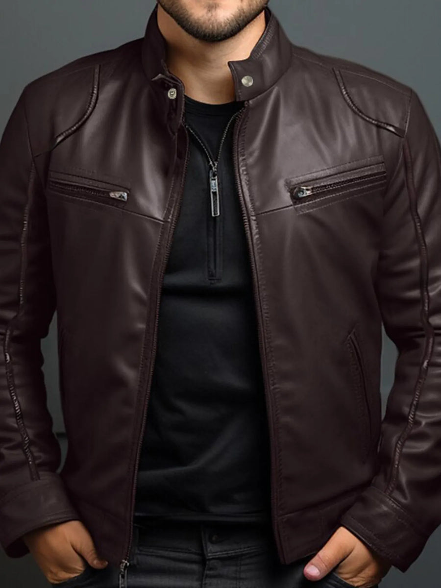 Veste Moto en Cuir Zippée Homme Grande Taille