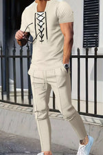 Men's Full Size Lace-Up Front Top and Pants Casual Set Plus Size - photo produit 5 - VELZAR