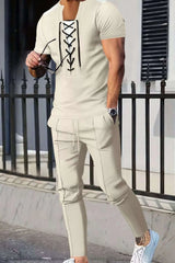 Men's Full Size Lace-Up Front Top and Pants Casual Set Plus Size - photo produit 5 - VELZAR