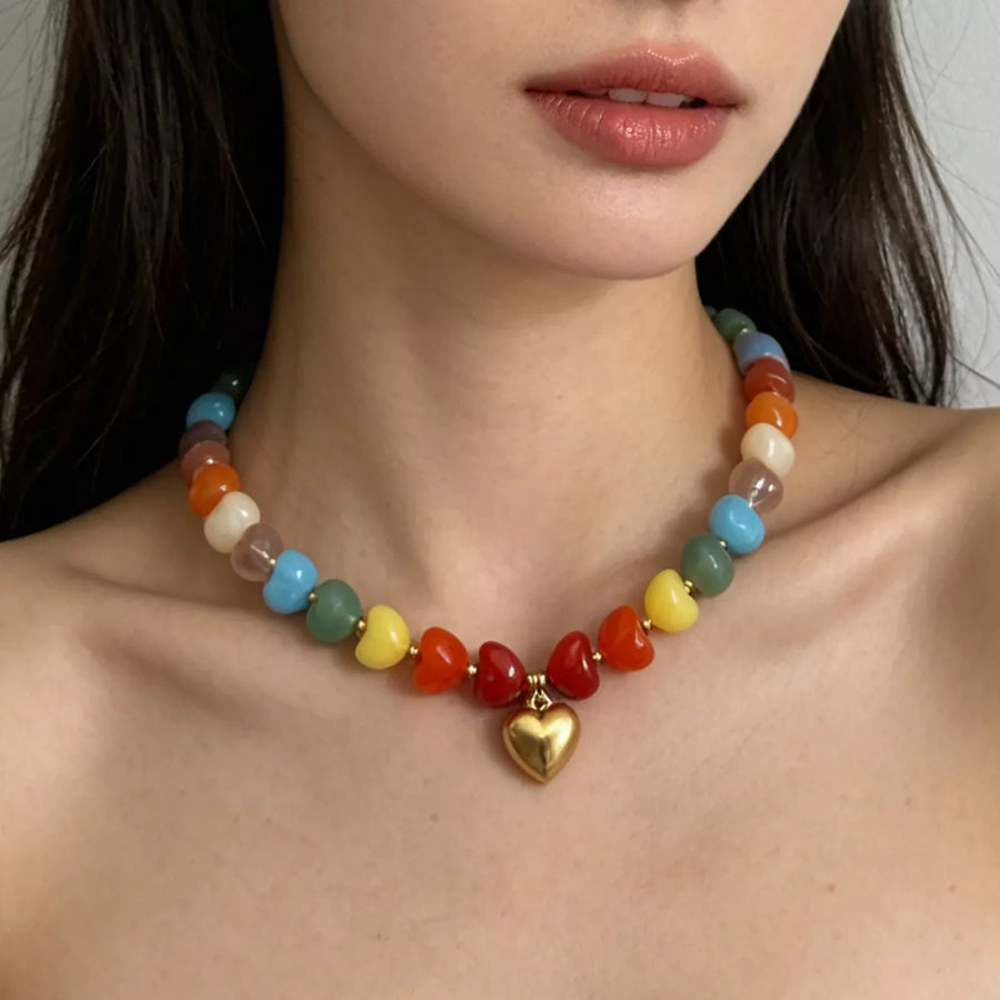 Colorful Heart Pendant Beaded Collarbone Necklace