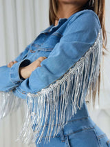 Fringe Half Button Long Sleeve Denim Jumpsuit - photo produit 2 - VELZAR