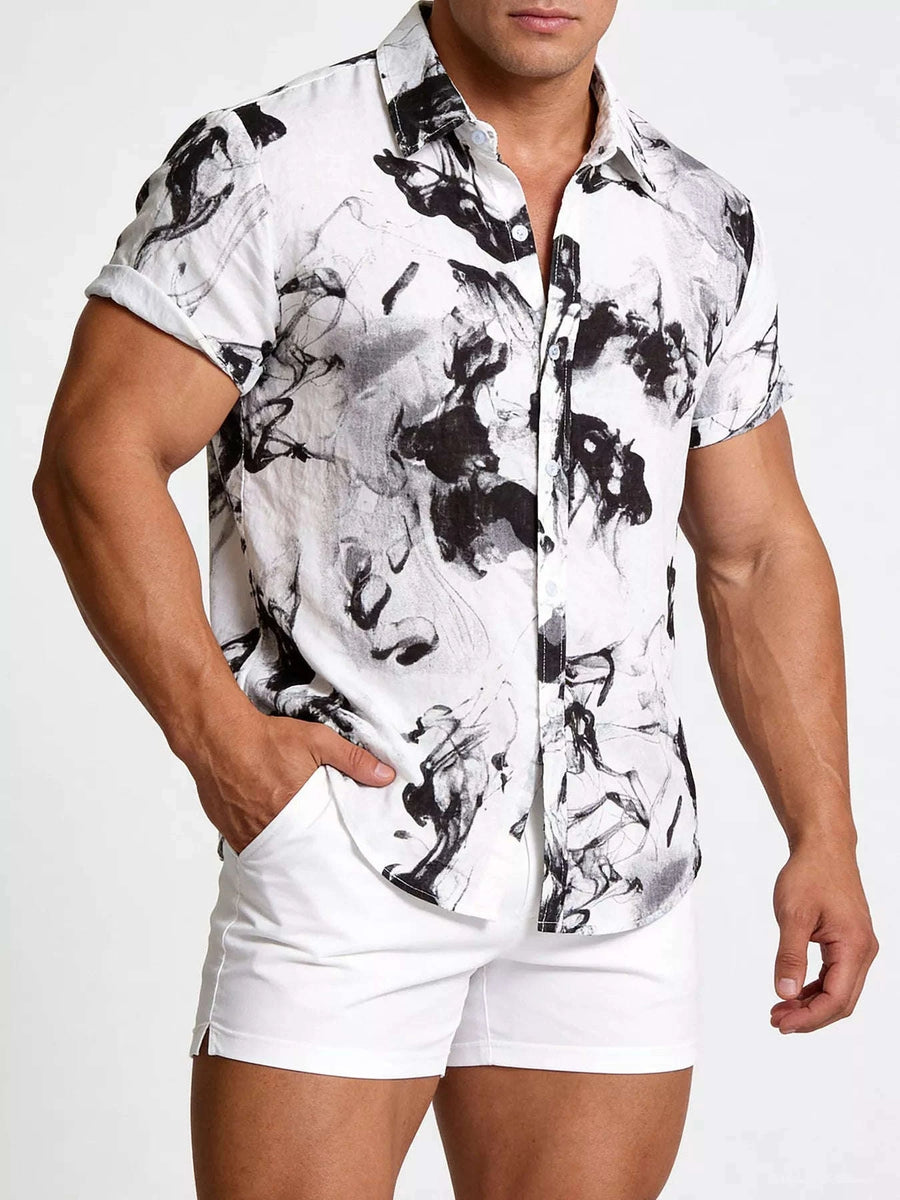 Chemise Manches Courtes Imprimé Encre Abstrait Homme Grande Taille