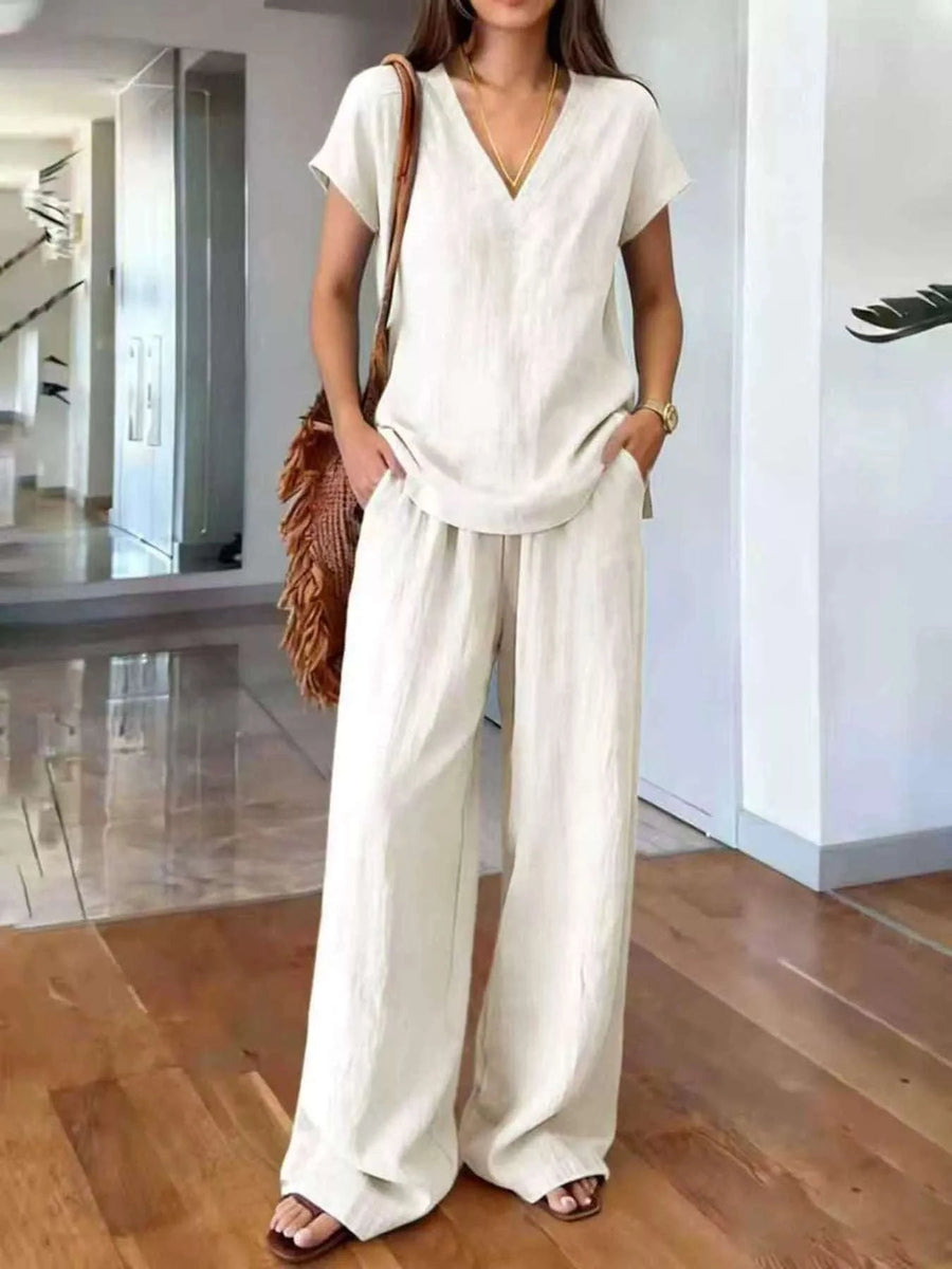 Ensemble Haut Col V Manches Courtes et Pantalon Grande Taille