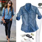 Femmes mode bleu Denim chemises femmes filles automne décontracté à manches longues solide bleu deux poches coton mélange hauts 2025 nouveau