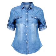 Femmes mode bleu Denim chemises femmes filles automne décontracté à manches longues solide bleu deux poches coton mélange hauts 2025 nouveau