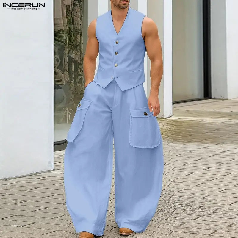 INCERUN hommes ensembles couleur unie col en V gilets sans manches et pantalons à jambes larges deux pièces ensembles Streetwear mode hommes costumes décontractés S-5XL