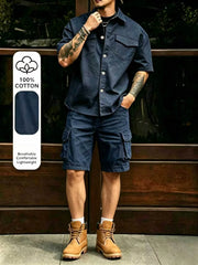 Nouvel ensemble décontracté d'été en coton pour homme : chemise à manches courtes multi-poches et pantalon de travail, idéal pour la plage et les activités de plein air - 087