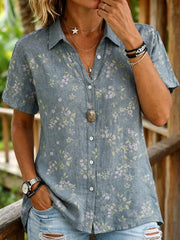 Chemise boutonnée à manches courtes pour femme, imprimé floral vintage, col à revers, hauts décontractés pour le printemps, l'été, le quotidien et les vacances