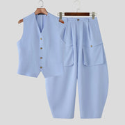 INCERUN hommes ensembles couleur unie col en V gilets sans manches et pantalons à jambes larges deux pièces ensembles Streetwear mode hommes costumes décontractés S-5XL