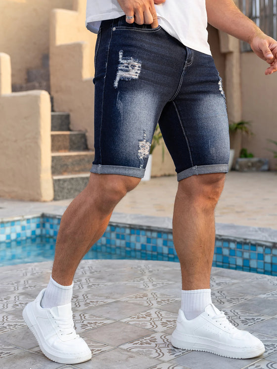 Short en Jean Homme Délavé Troué Coupe Cintrée