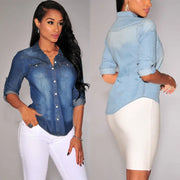 Femmes mode bleu Denim chemises femmes filles automne décontracté à manches longues solide bleu deux poches coton mélange hauts 2025 nouveau