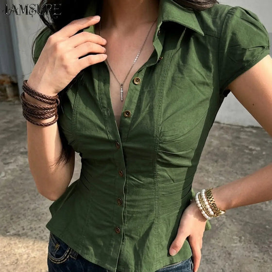 Chemisier Vintage Vert Femme Manches Bouffantes - vue 1
