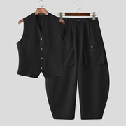 INCERUN hommes ensembles couleur unie col en V gilets sans manches et pantalons à jambes larges deux pièces ensembles Streetwear mode hommes costumes décontractés S-5XL
