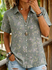 Chemise boutonnée à manches courtes pour femme, imprimé floral vintage, col à revers, hauts décontractés pour le printemps, l'été, le quotidien et les vacances