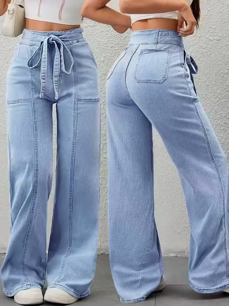 Pantalon Large Femme Ceinture Poches Plaquées