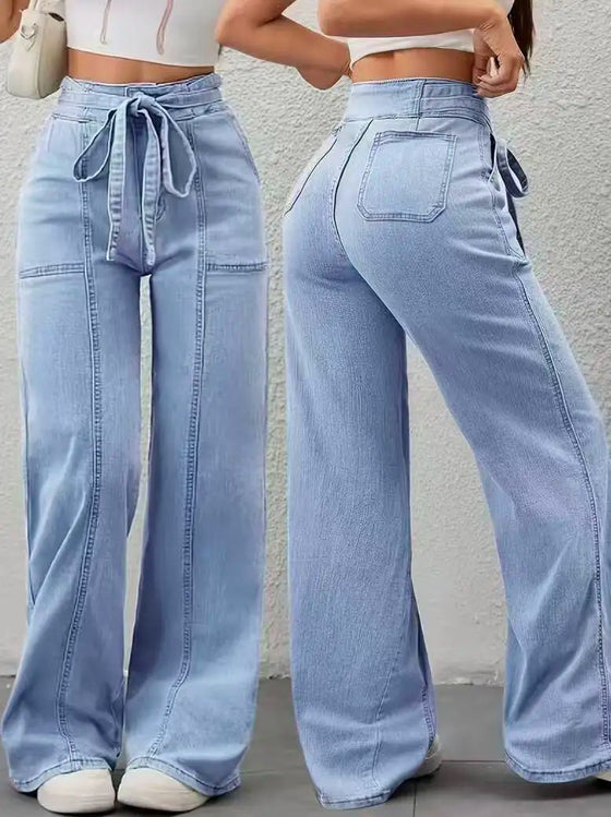 Pantalon Large Femme Ceinture Poches Plaquées