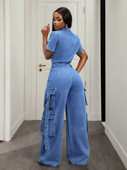Combinaison en Jean Femme Taille Haute Jambe Large