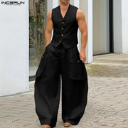 INCERUN hommes ensembles couleur unie col en V gilets sans manches et pantalons à jambes larges deux pièces ensembles Streetwear mode hommes costumes décontractés S-5XL