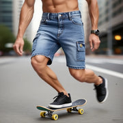 Short en jean multi-poches à cinq points pour homme, ample, grande taille, court, section fine, streetwear, cargo, été ﻿