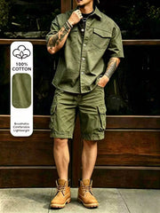 Nouvel ensemble décontracté d'été en coton pour homme : chemise à manches courtes multi-poches et pantalon de travail, idéal pour la plage et les activités de plein air - 087