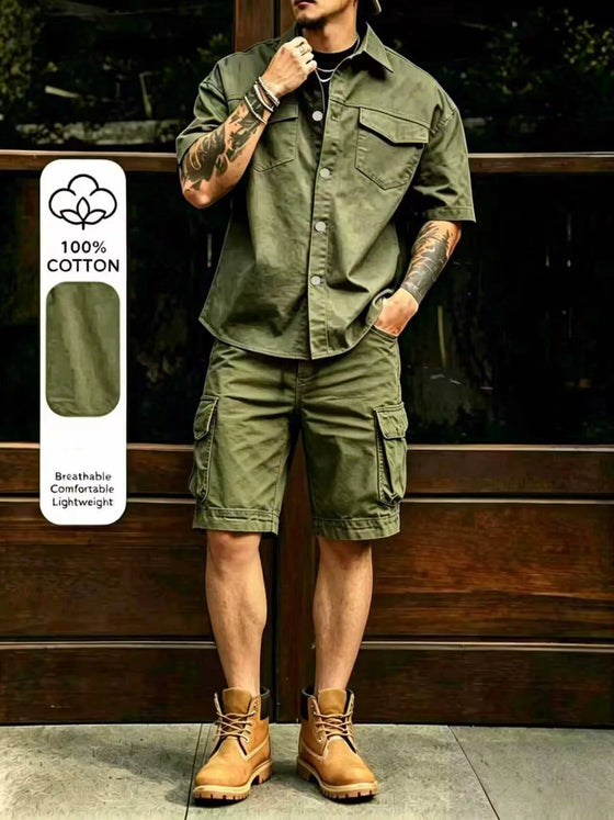 Nouvel ensemble décontracté d'été en coton pour homme : chemise à manches courtes multi-poches et pantalon de travail, idéal pour la plage et les activités de plein air - 087