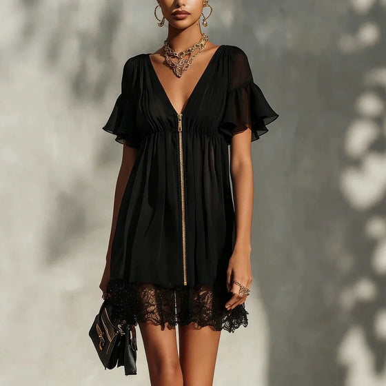 Mini Robe Élégante Col V Manches Courtes