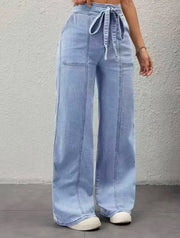 Pantalon Large Femme Ceinture Poches Plaquées