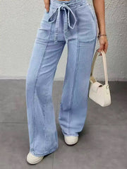 Pantalon Large Femme Ceinture Poches Plaquées