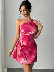 Robe d'Été Imprimé Encre Col Asymétrique Plissée