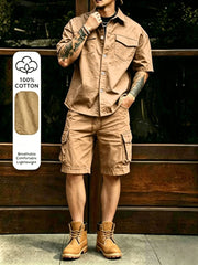 Nouvel ensemble décontracté d'été en coton pour homme : chemise à manches courtes multi-poches et pantalon de travail, idéal pour la plage et les activités de plein air - 087