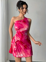 Robe d'Été Imprimé Encre Col Asymétrique Plissée