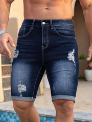 Short en Jean Homme Délavé Troué Coupe Cintrée
