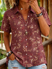 Chemise boutonnée à manches courtes pour femme, imprimé floral vintage, col à revers, hauts décontractés pour le printemps, l'été, le quotidien et les vacances