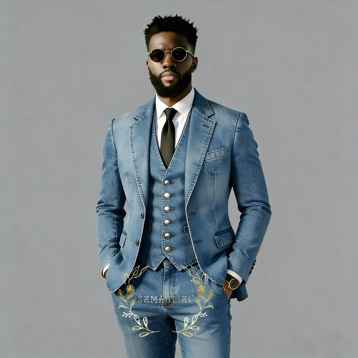 Costume Denim Homme 3 Pièces Élégant