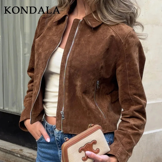 Veste Femme Effet Daim Marron Col Chemise - vue 1