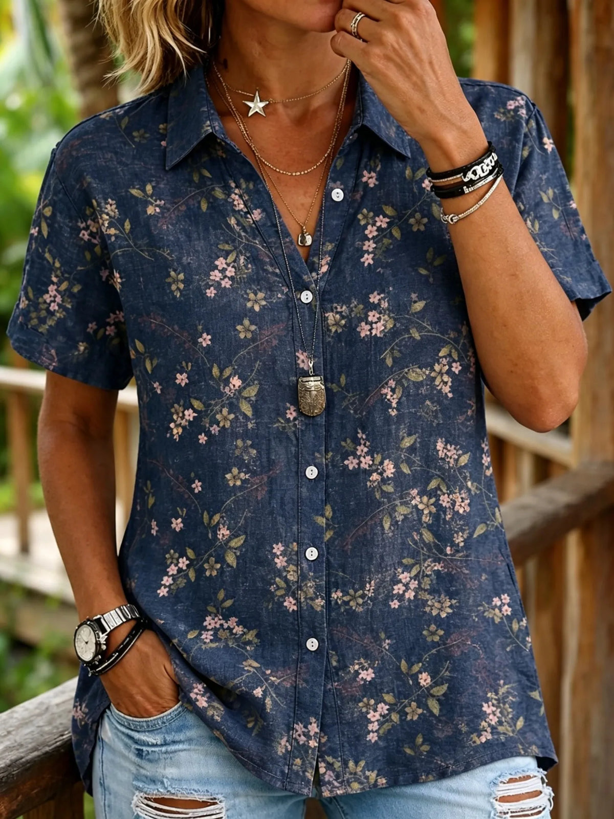 Chemise boutonnée à manches courtes pour femme, imprimé floral vintage, col à revers, hauts décontractés pour le printemps, l'été, le quotidien et les vacances