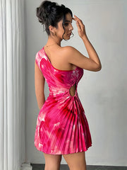 Robe d'Été Imprimé Encre Col Asymétrique Plissée