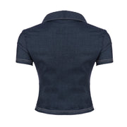 [RUOKE] Chemise en faux denim sexy pour femme, coupe ajustée, boutonnée, haut décontracté à manches courtes, look denim tendance, printemps-été