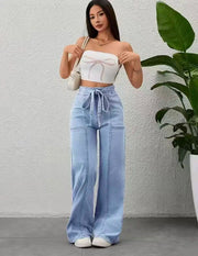 Pantalon Large Femme Ceinture Poches Plaquées